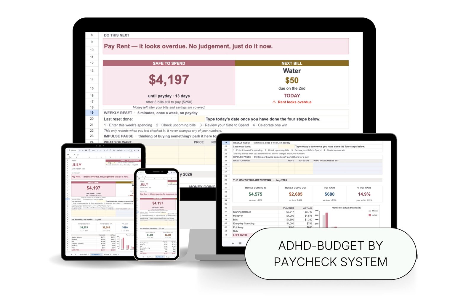 ADHD Budget by Paycheck System spreadsheet template