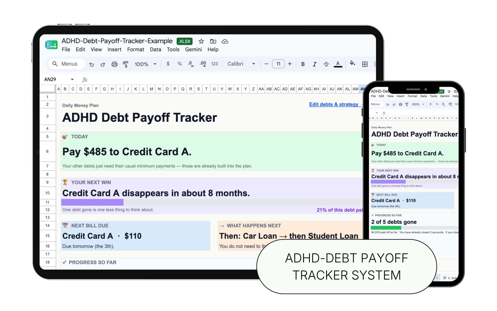 ADHD Debt Payoff Tracker System spreadsheet template