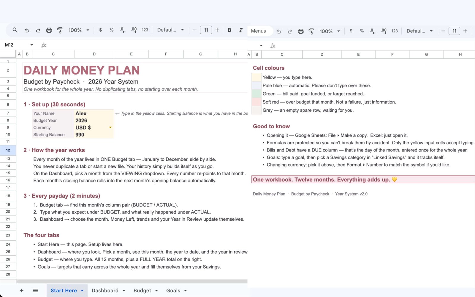 Preview of the Start Here setup tab and color key instructions