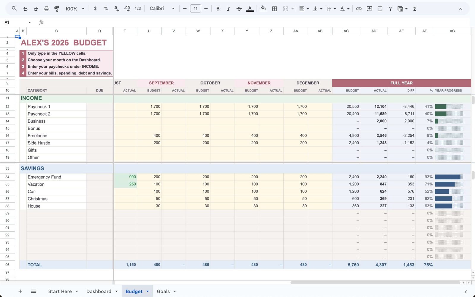 Preview of the Budget tab showing income, bills, spending, and savings planning