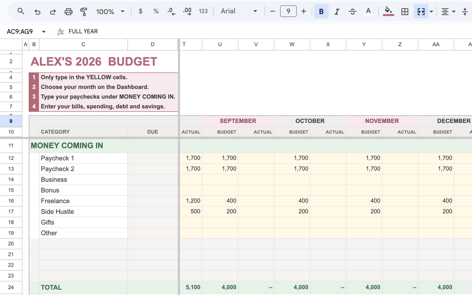 Budget by Paycheck System income entry screen showing pay schedule and amounts