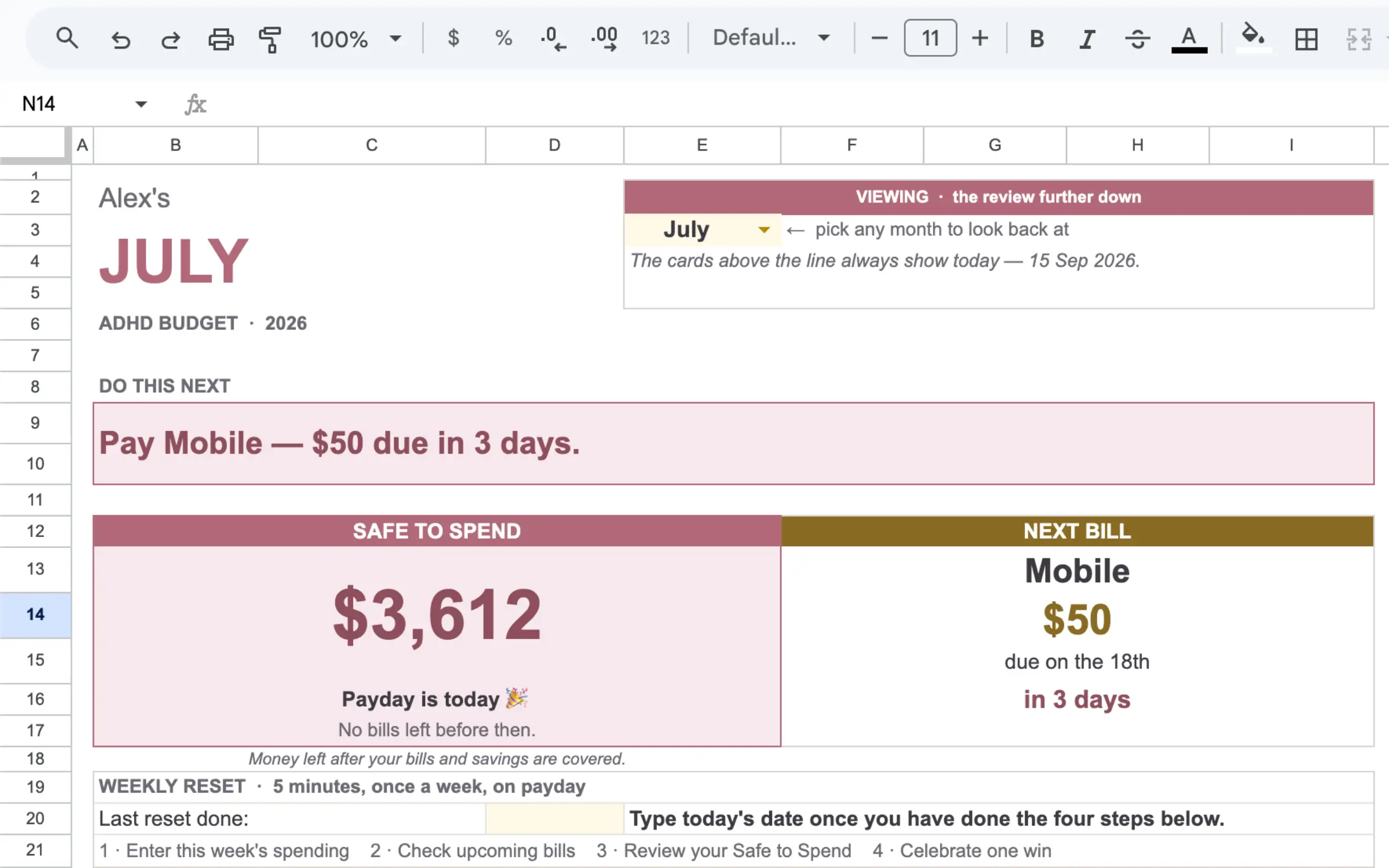 ADHD budget by paycheck spreadsheet dashboard showing Safe to Spend and payday countdown on laptop